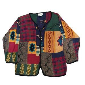 Vintage Casual Elements 3D Chunky Knit Ramie Cotton Sweater Retro Boho Patchwork